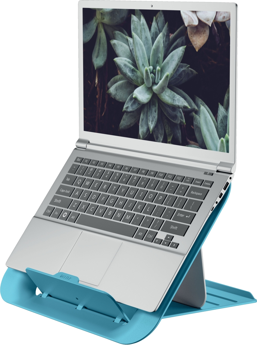 A silver laptop with a succulent image on screen sits on a light blue laptop stand.