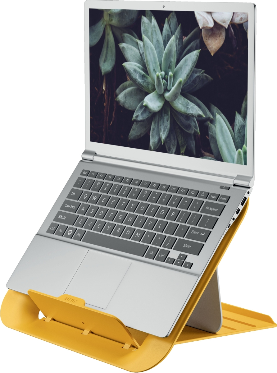 Ein silberner Laptop mit sukkulentem Bildschirmhintergrund steht auf einem gelben Ständer.