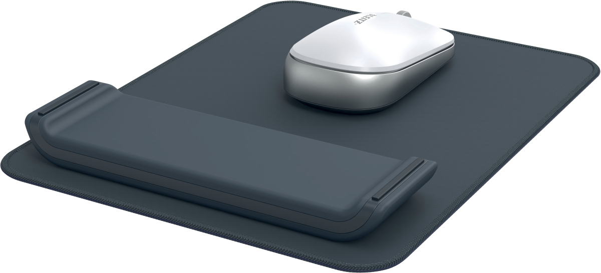 A grey mouse pad with a matching wrist rest and a white computer mouse on it.