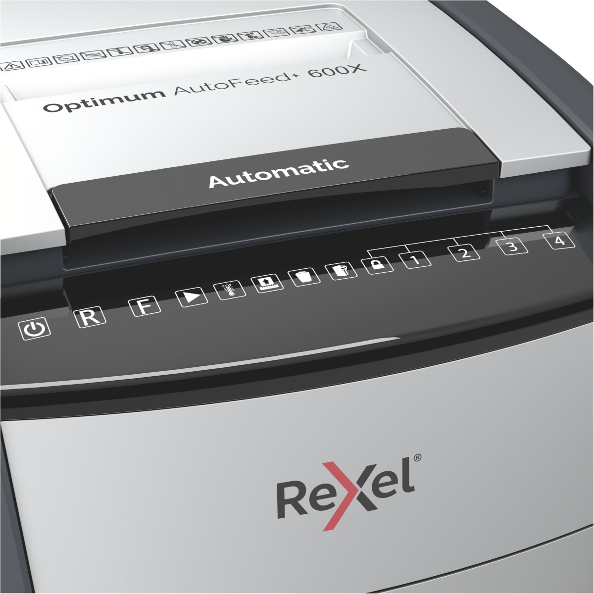 Nahaufnahme eines silber-schwarzen Rexel Optimum AutoFeed+ 600X Aktenvernichters mit Bedienfeld.