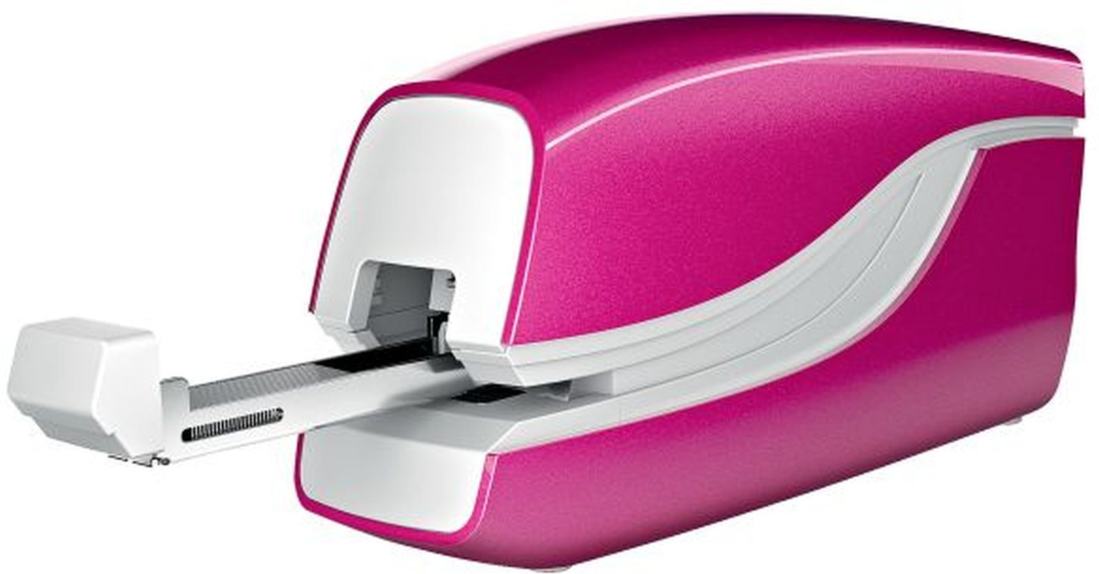 Ein moderner, elektrischer Hefter in Pink und Weiß mit ausgefahrenem Heftmagazin vor weißem Hintergrund.