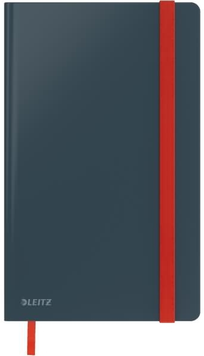 Dunkelblaues Leitz Notizbuch mit vertikalem roten Gummiband und rotem Lesezeichen.