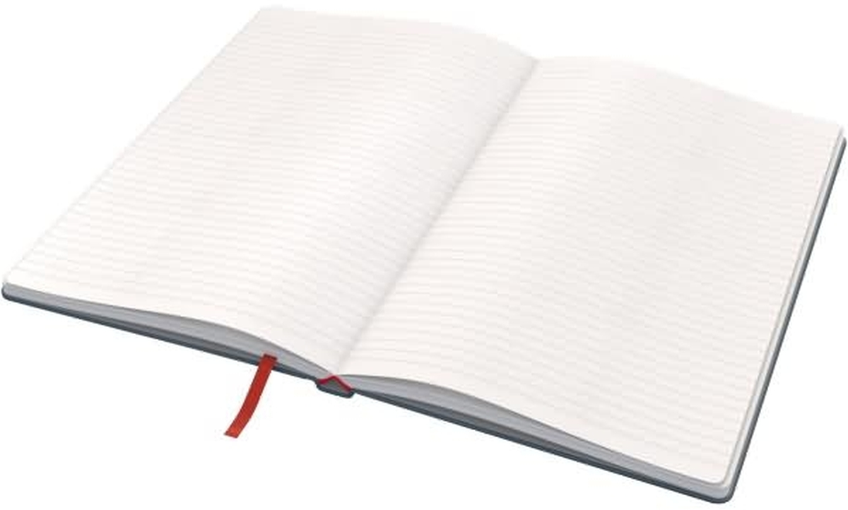 Ein offenes Notizbuch mit weißem, linierten Papier und einem roten Lesezeichen auf weißem Hintergrund.