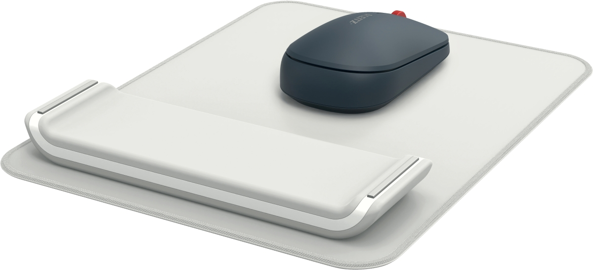 A grey computer mouse and a wrist rest placed on a white mouse pad surface.