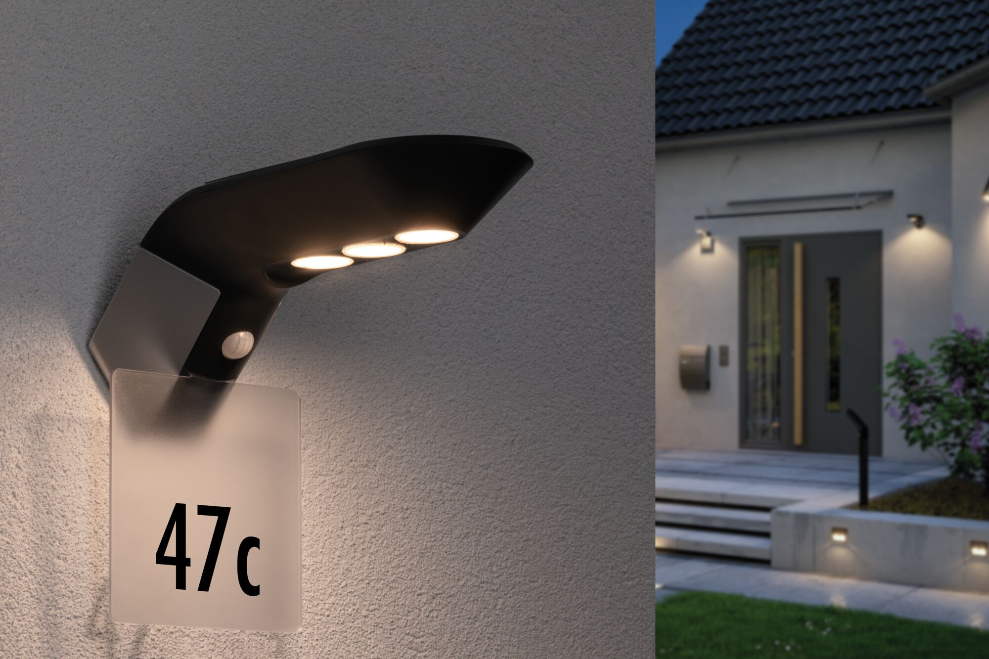 Nowoczesna czarna lampa zewnętrzna z czujnikiem ruchu i numerem domu 47c na ścianie.