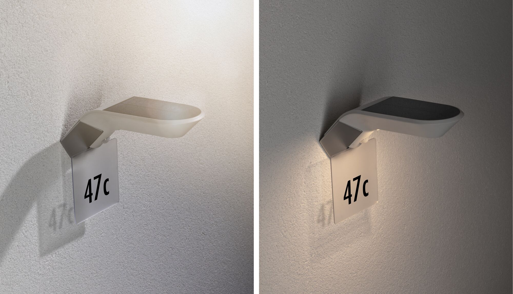 Solarna lampa ścienna z napisem 47c oświetla teksturowaną ścianę na dwóch poziom jasności.