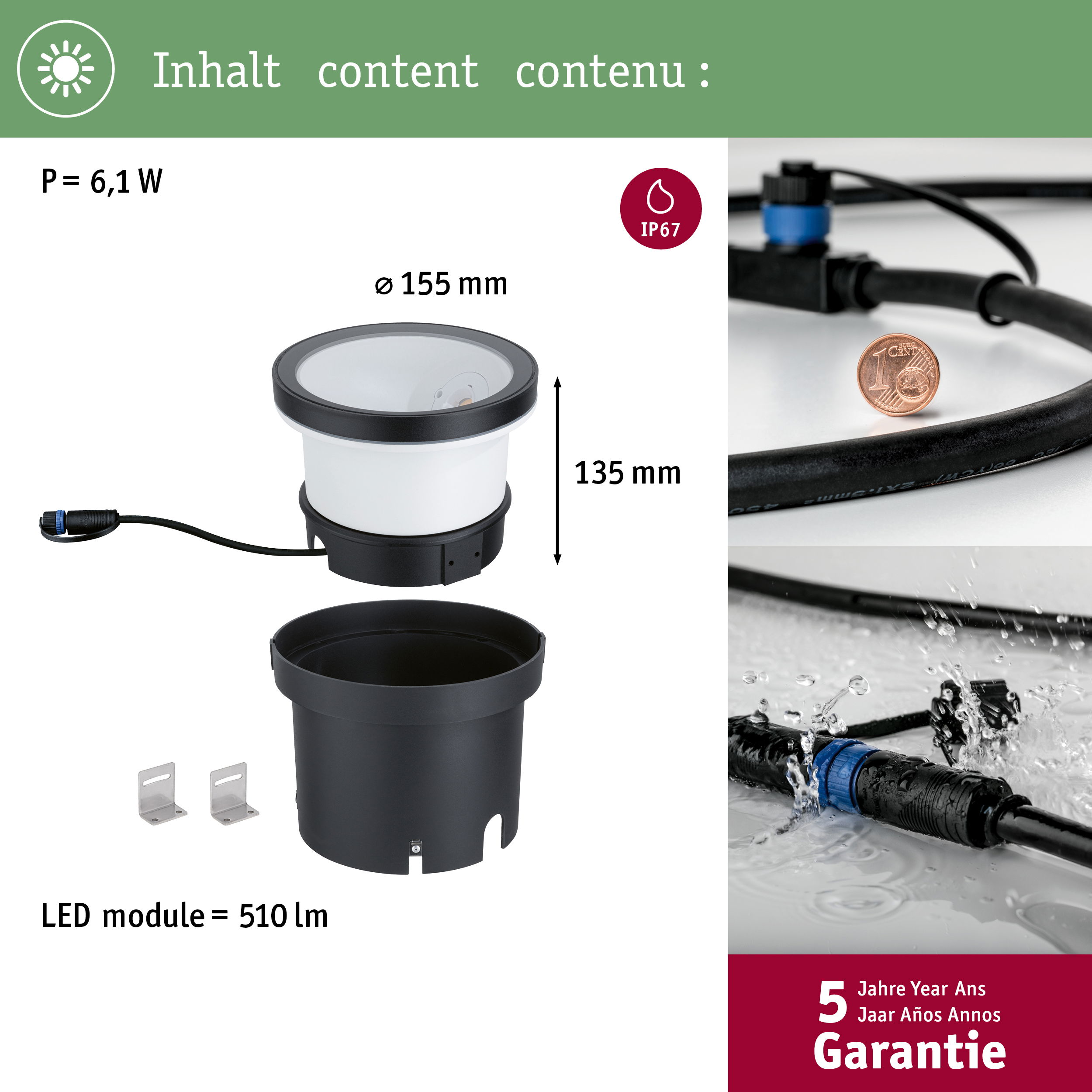 LED-Bodeneinbauleuchte mit Maßen, IP67-Wasserdichtigkeit, Kabel, Halterungen und 5 Jahren Garantie.