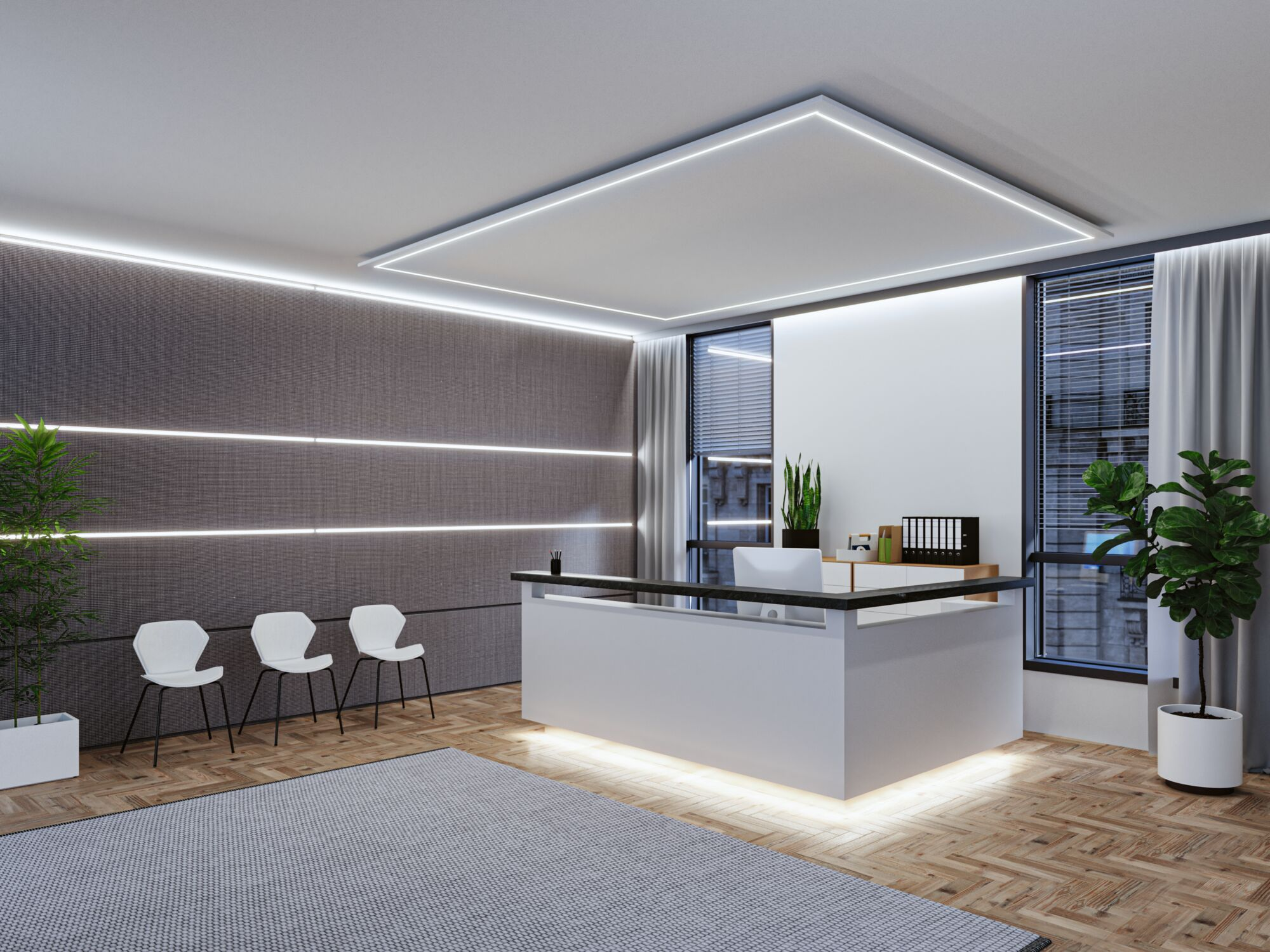 Moderne Rezeption mit weißem Tresen, drei Stühlen und beleuchteter Holzwand in einem Büro.