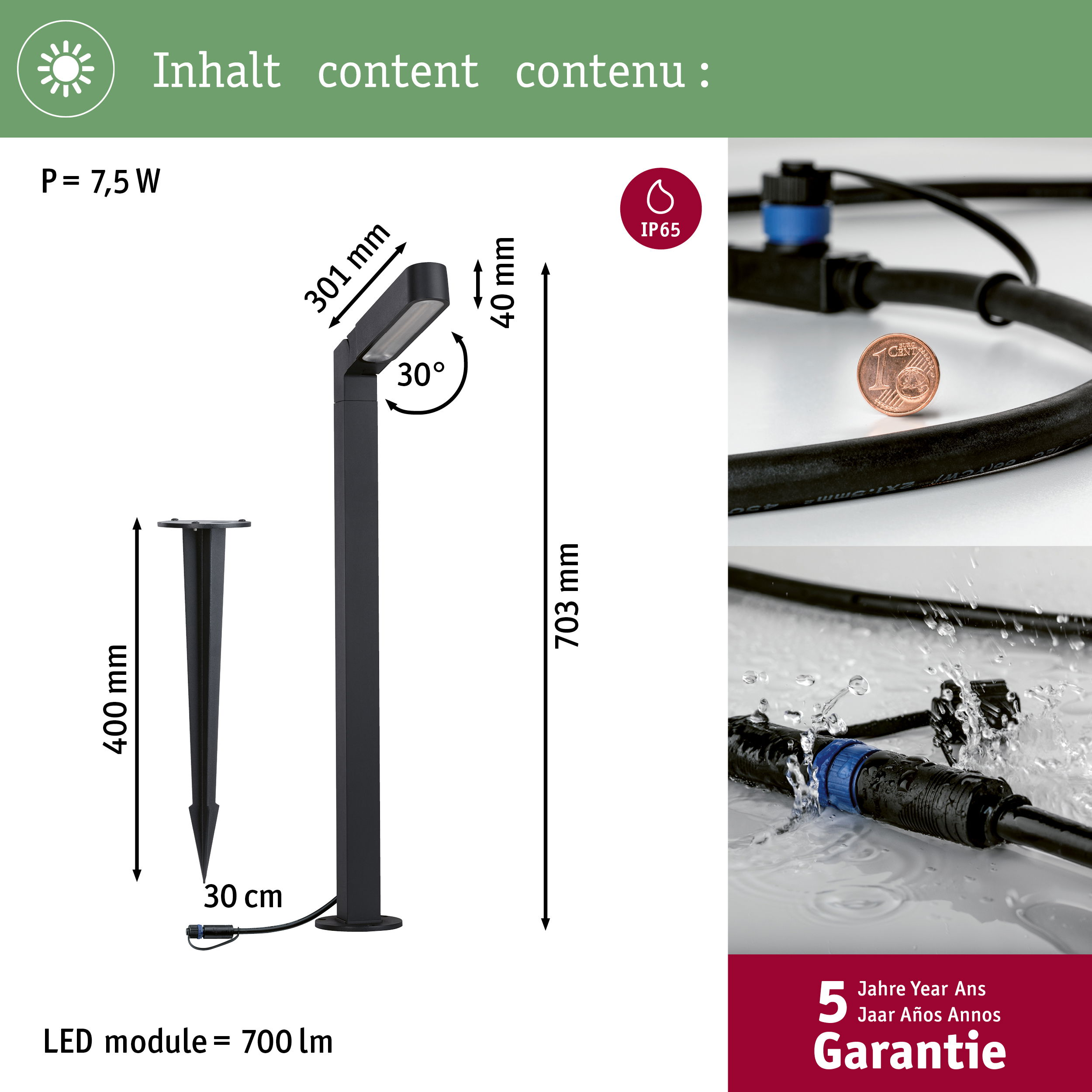 Technische Zeichnung einer schwarzen LED-Gartenleuchte mit Maßen, IP65, Kabeldetails und 5 Jahren Garantie.