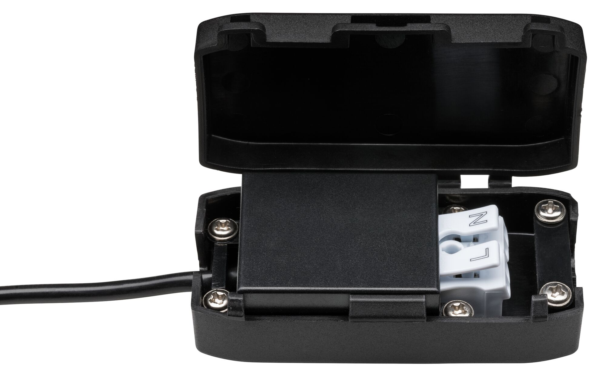 Offene schwarze Anschlussbox mit Kabel und integrierten Klemmen.