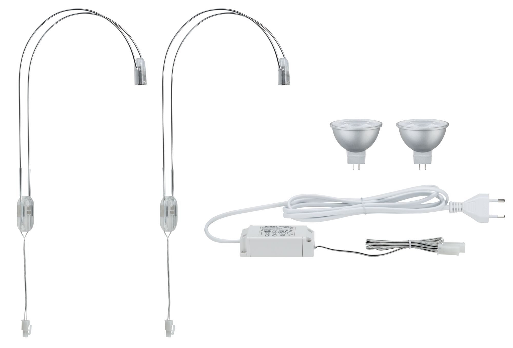 Zwei gebogene Metallleuchten, zwei Glühbirnen, ein weißes Kabel mit Stecker und ein Netzteil.