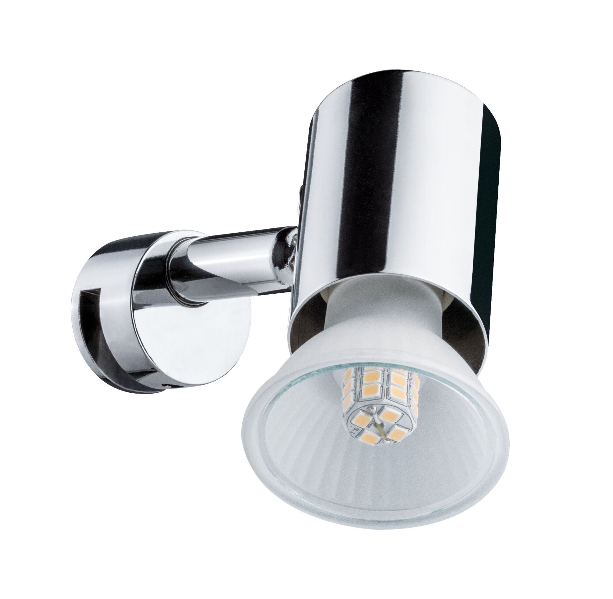Moderne Chrom-Wandlampe mit verstellbarem Spot und LED-Leuchtmittel auf weißem Hintergrund.
