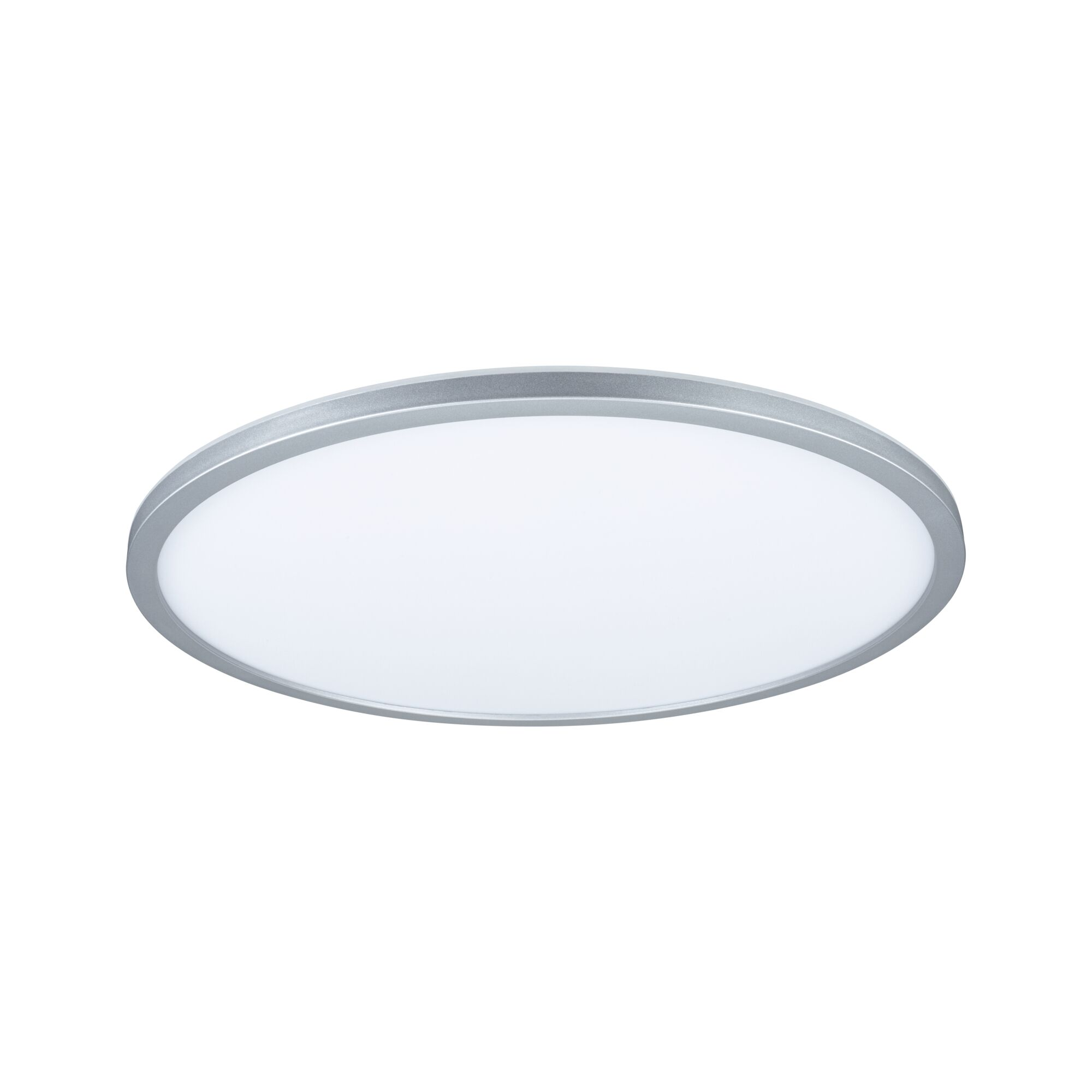 Eine flache, runde LED-Deckenleuchte mit silbernem Rand und weißer diffuser Fläche auf weißem Hintergrund.