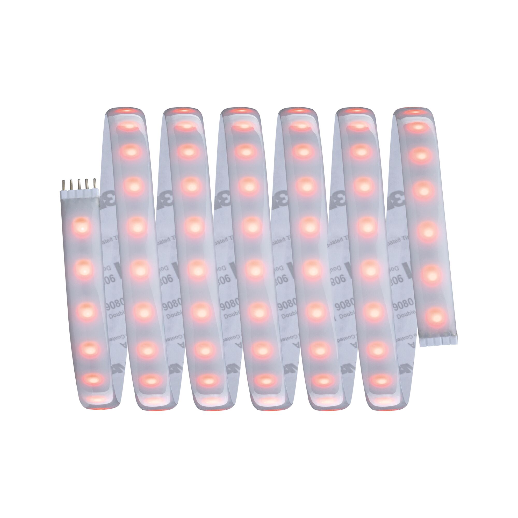 Ein gewickelter LED-Streifen mit rotem Licht und sichtbaren Anschlüssen auf weißem Hintergrund.