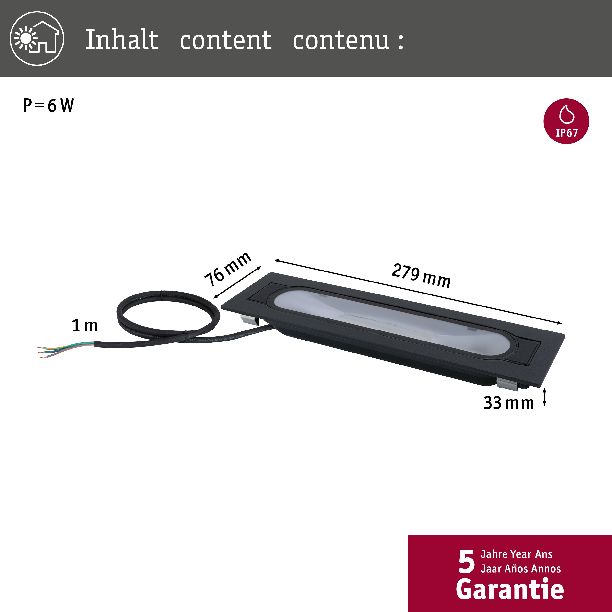 Längliche, schwarze Einbauleuchte mit Maßen: 279 mm Länge, 76 mm Breite, 33 mm Höhe, 1m Kabel und 6W Leistung.