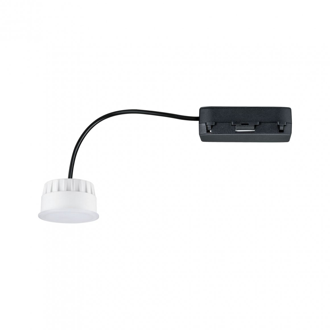 Eine weiße LED-Einbauleuchte ist mit einem schwarzen Kabel an ein längliches schwarzes Steuergerät angeschlossen.