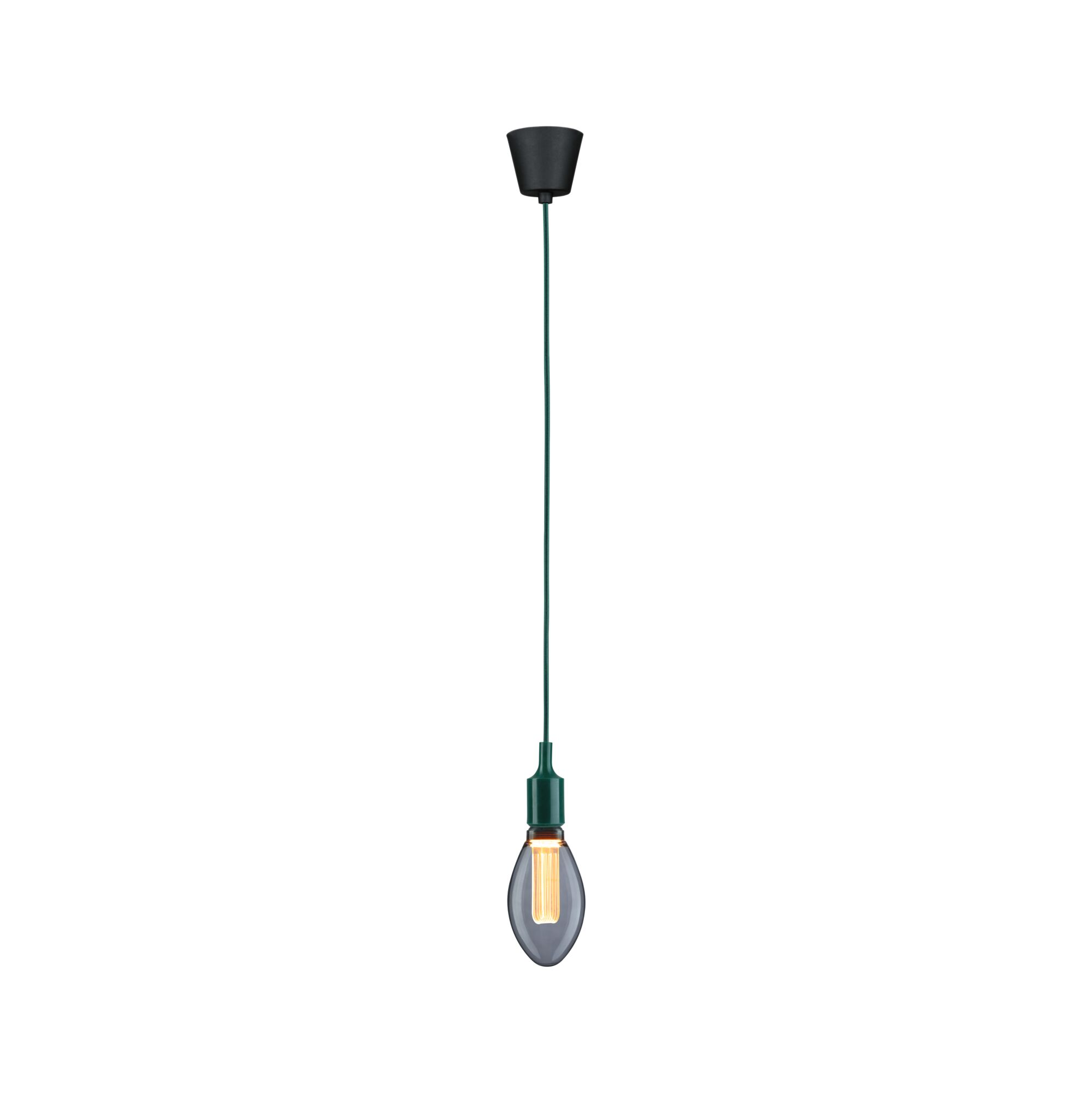 Eine Pendelleuchte mit schwarzer Deckenkappe, grünem Kabel und Edison-Glühbirne in getöntem Glas.