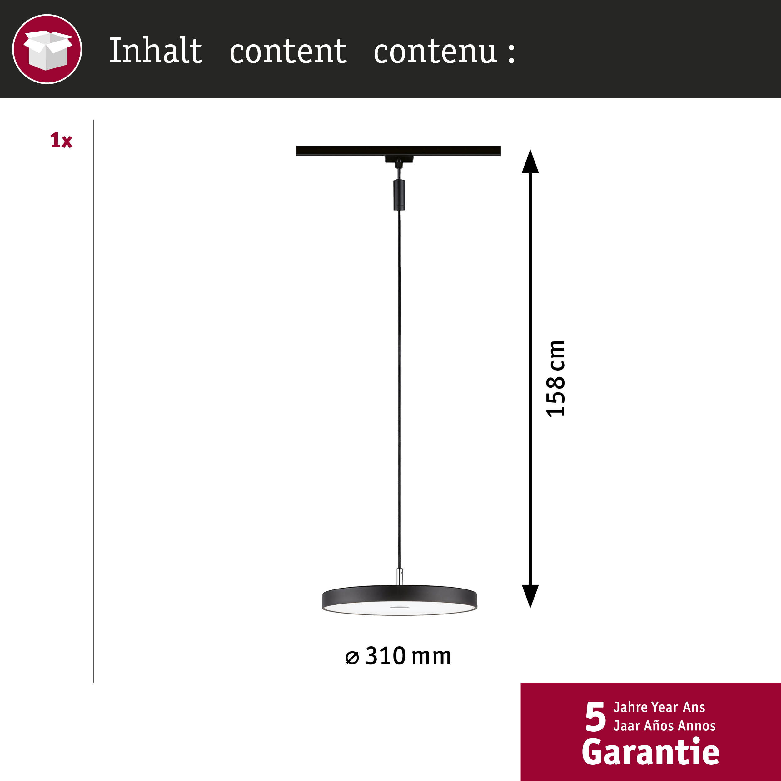 Diagramm einer schwarzen Pendelleuchte mit 158 cm Höhe und 310 mm Durchmesser sowie 5 Jahren Garantie.