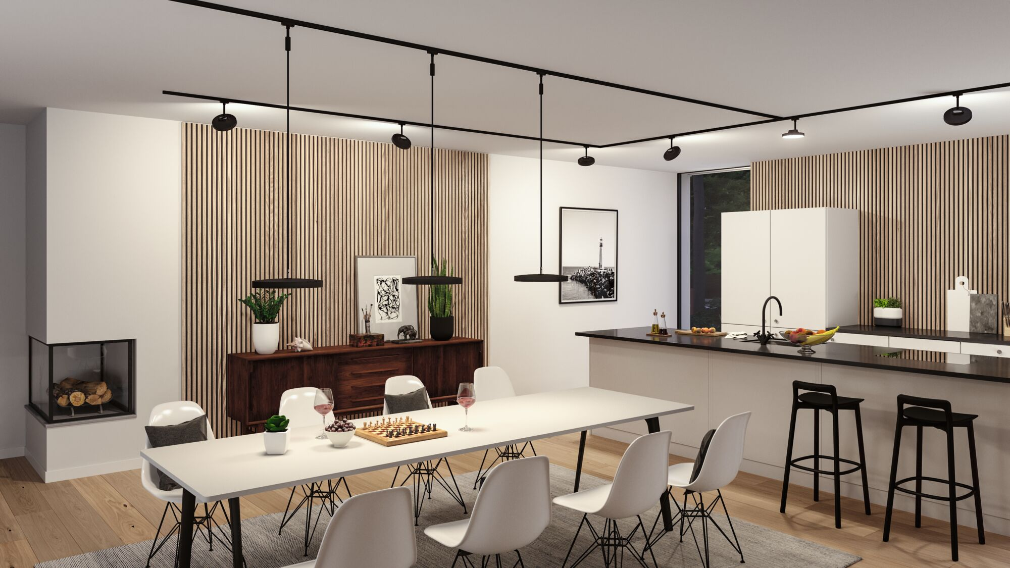 Moderne offene Küche mit großem Esstisch, weißen Stühlen, Holzwand und Kamin.
