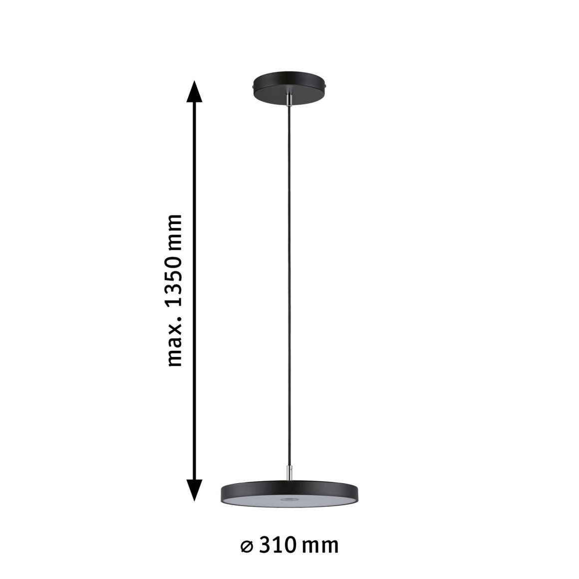 Schwarze Pendelleuchte mit Maßen: max. 1350 mm Höhe und 310 mm Durchmesser.
