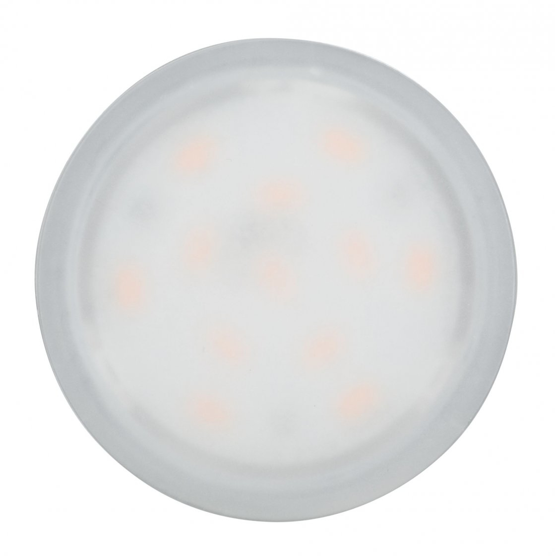 Runde, weiße LED-Unterbauleuchte mit sichtbaren, orangen Leuchtelementen hinter Milchglas.