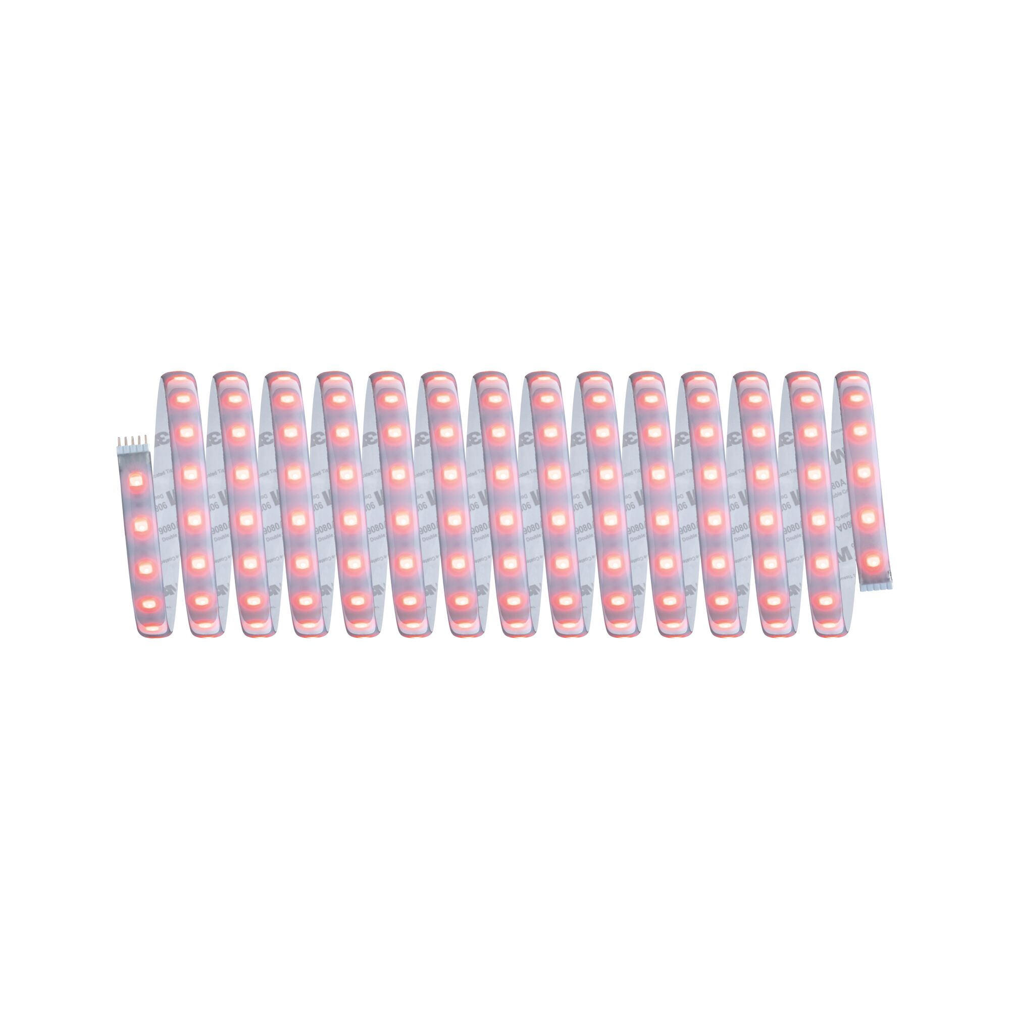 Eine flexible LED-Streifenrolle leuchtet in warmem Rosa auf weißem Hintergrund.