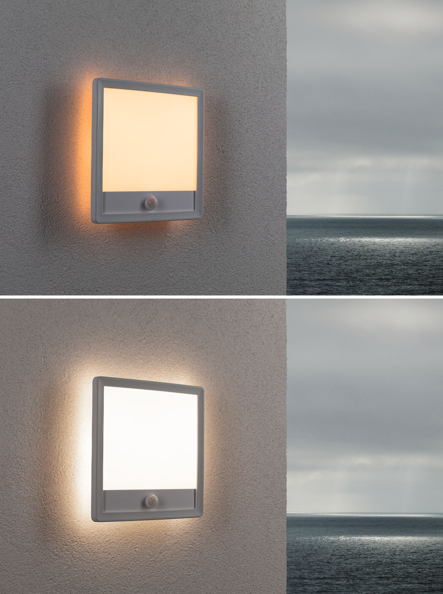 Eine quadratische Wandleuchte mit Bewegungsmelder an einer strukturierten grauen Wand, im Hintergrund das Meer.