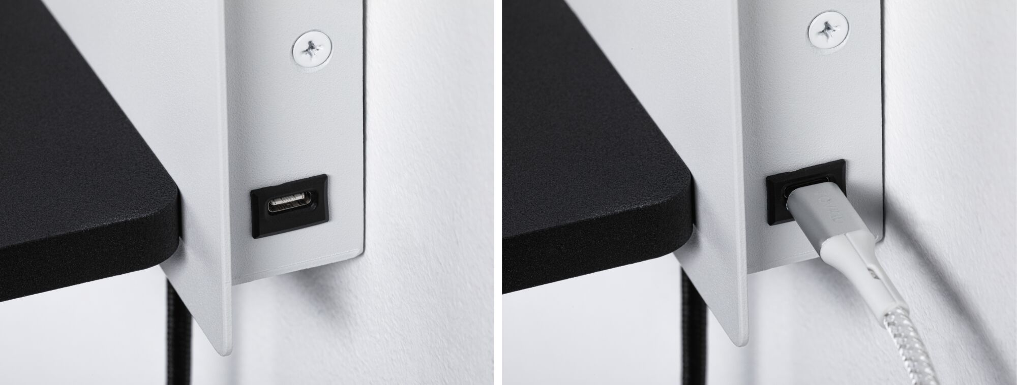 Zwei Nahaufnahmen: links ein leerer USB-Anschluss an einem weißen Regal, rechts ein eingestecktes Ladekabel.