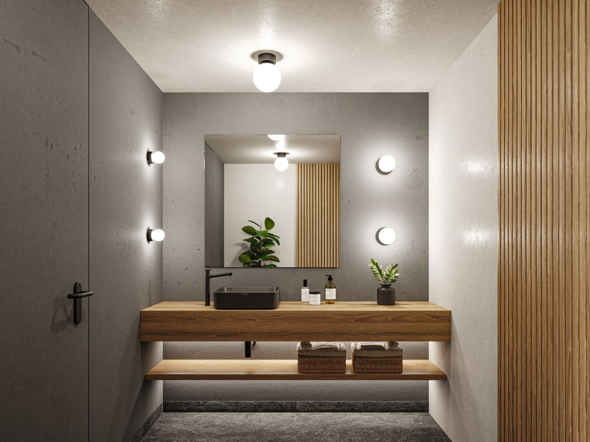 Modernes Badezimmer mit Holztresen, schwarzem Waschbecken, quadratischem Spiegel und runden Wandlampen.