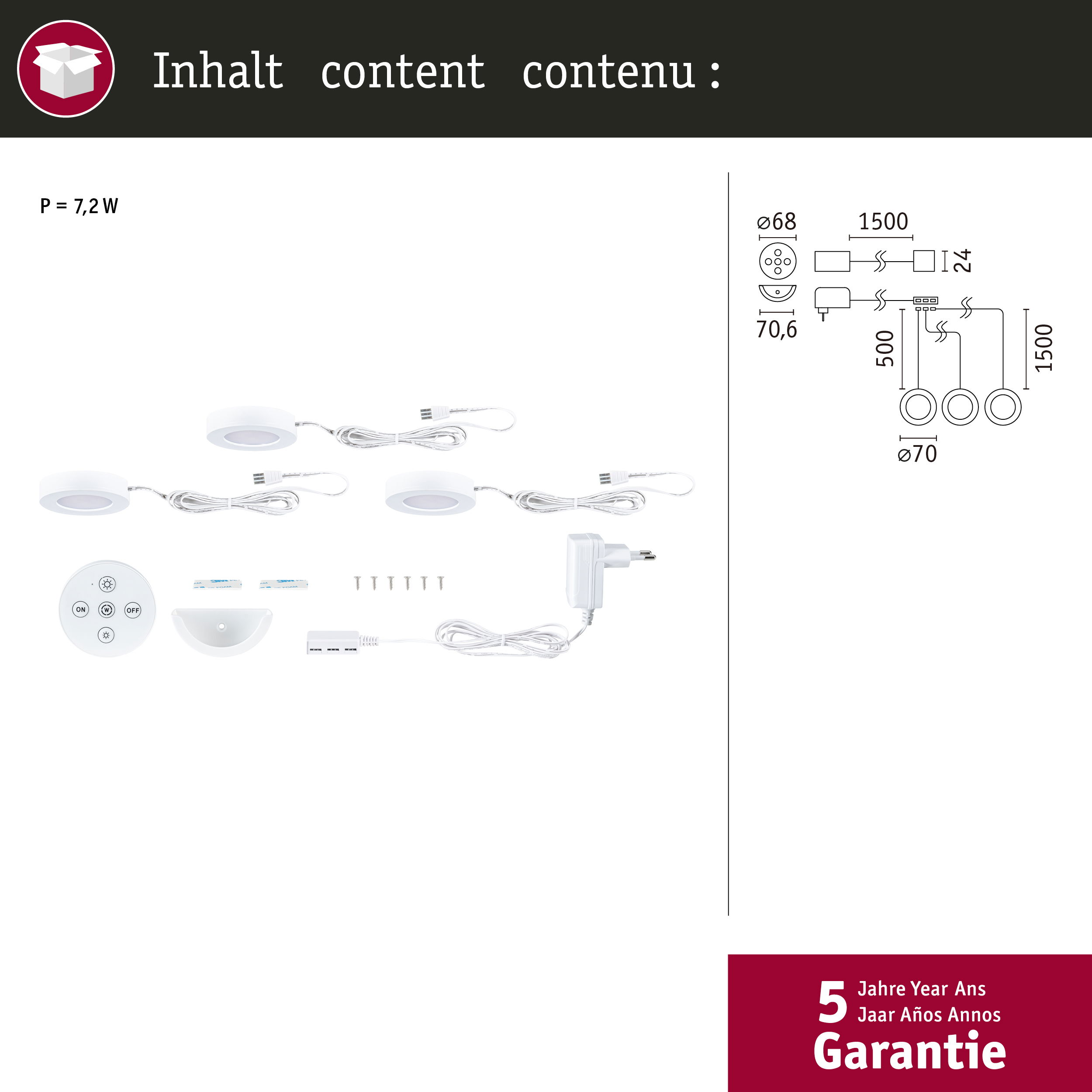Produktinhalt mit drei LED-Spots, Netzteil, Fernbedienung, Kabeln und Schrauben sowie eine technische Zeichnung.