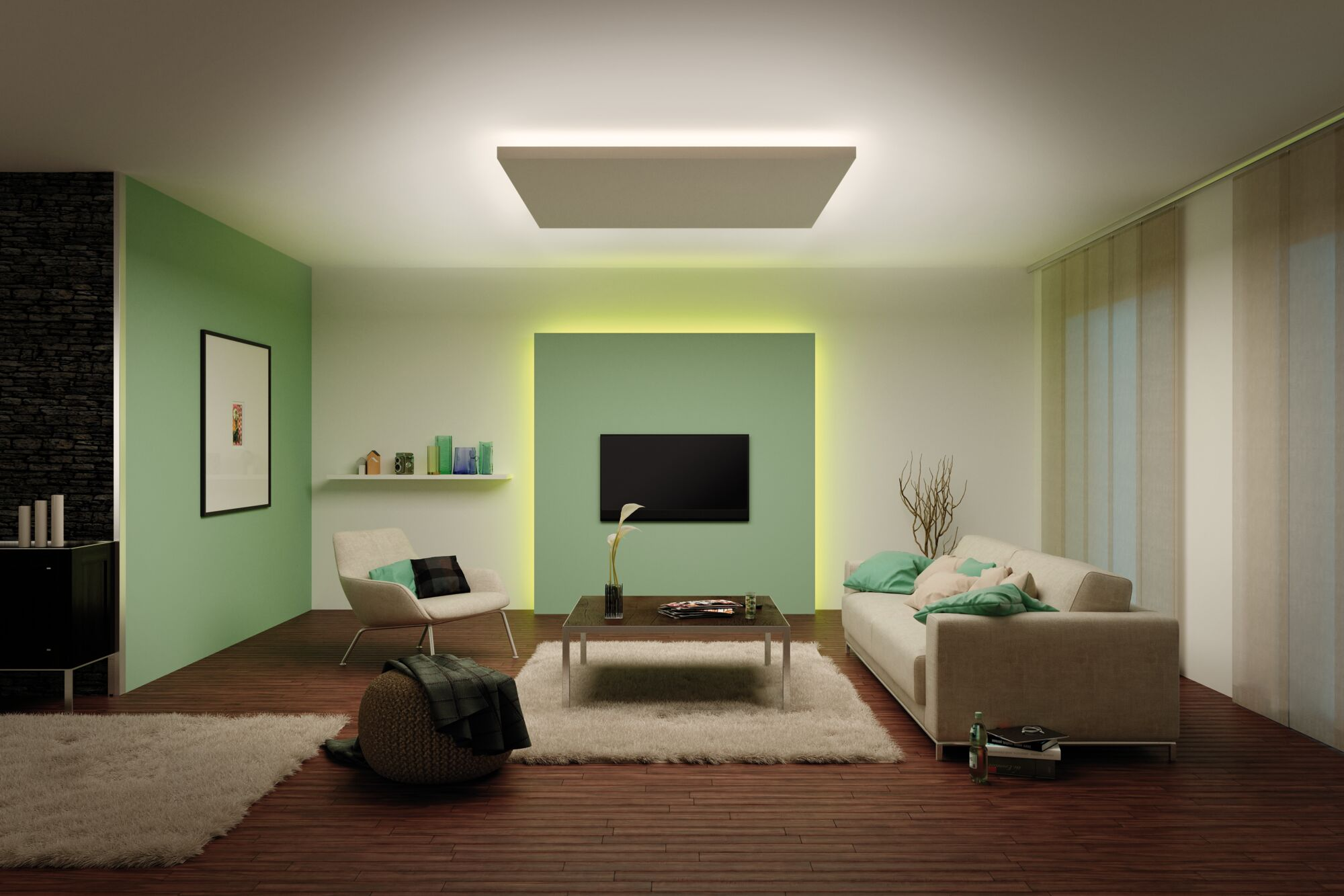 Wohnzimmer mit grünen Akzentwänden, modernem Fernseher, weißem Sofa, Sesseln und Holzboden mit Teppichen.