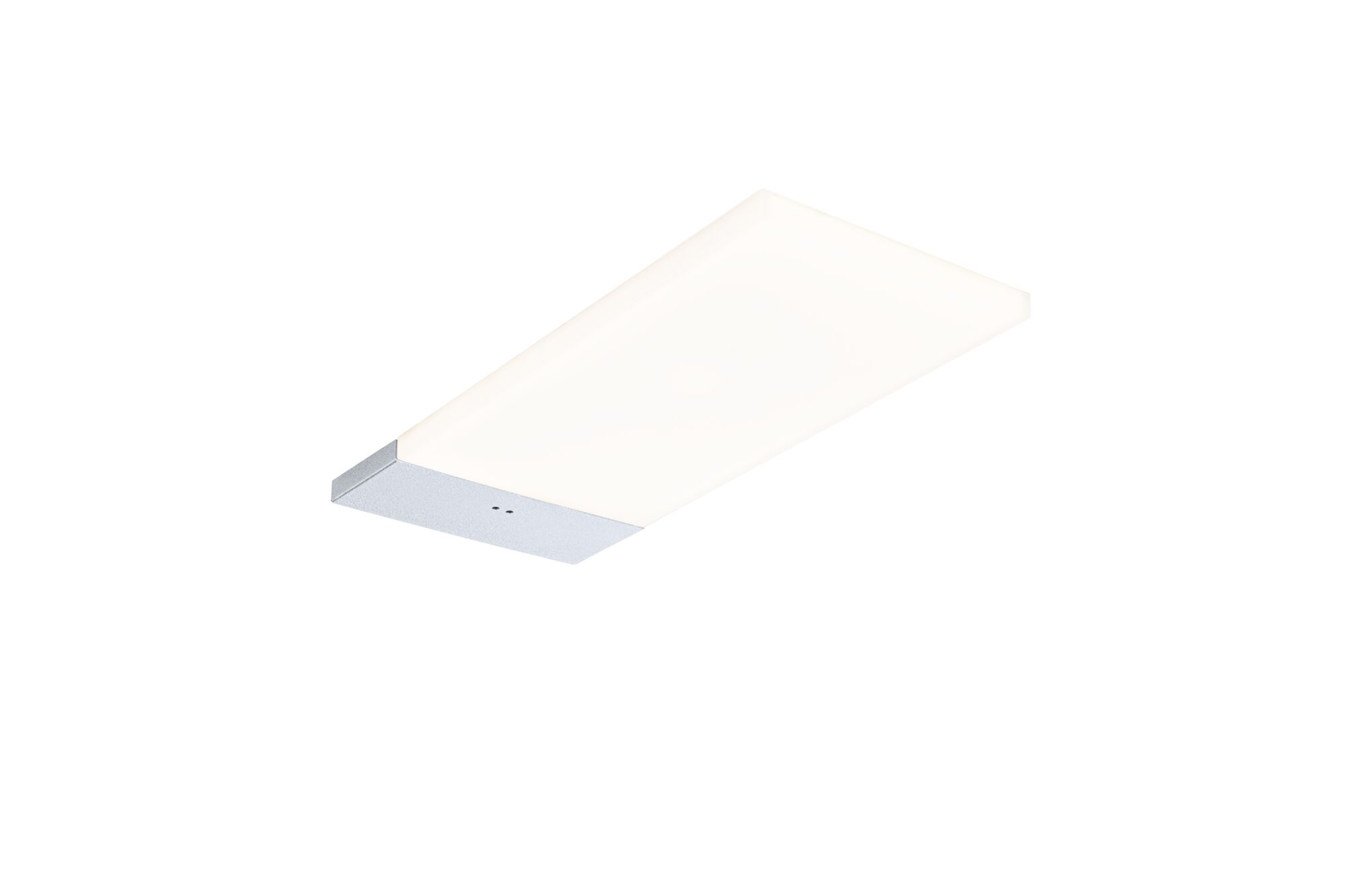 Eine moderne, rechteckige Deckenleuchte mit silbernem Sockel und weißem Diffusor auf weißem Hintergrund.