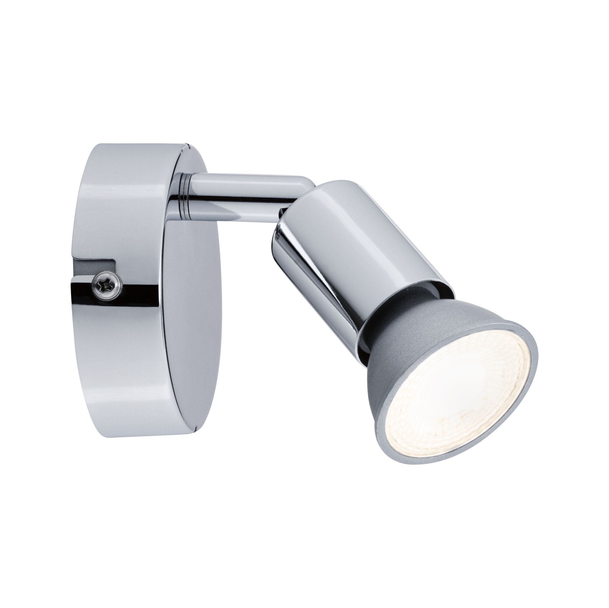 Ein moderner Wandstrahler aus Chrom mit verstellbarem Arm und leuchtender Glühbirne vor weißem Hintergrund.
