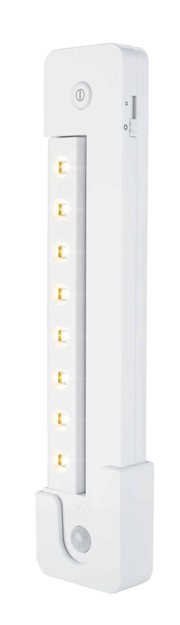Eine vertikale weiße LED-Leiste mit Ein-Aus-Schalter, Seitenschalter und Bewegungssensor unten, die warmes Licht abgibt.