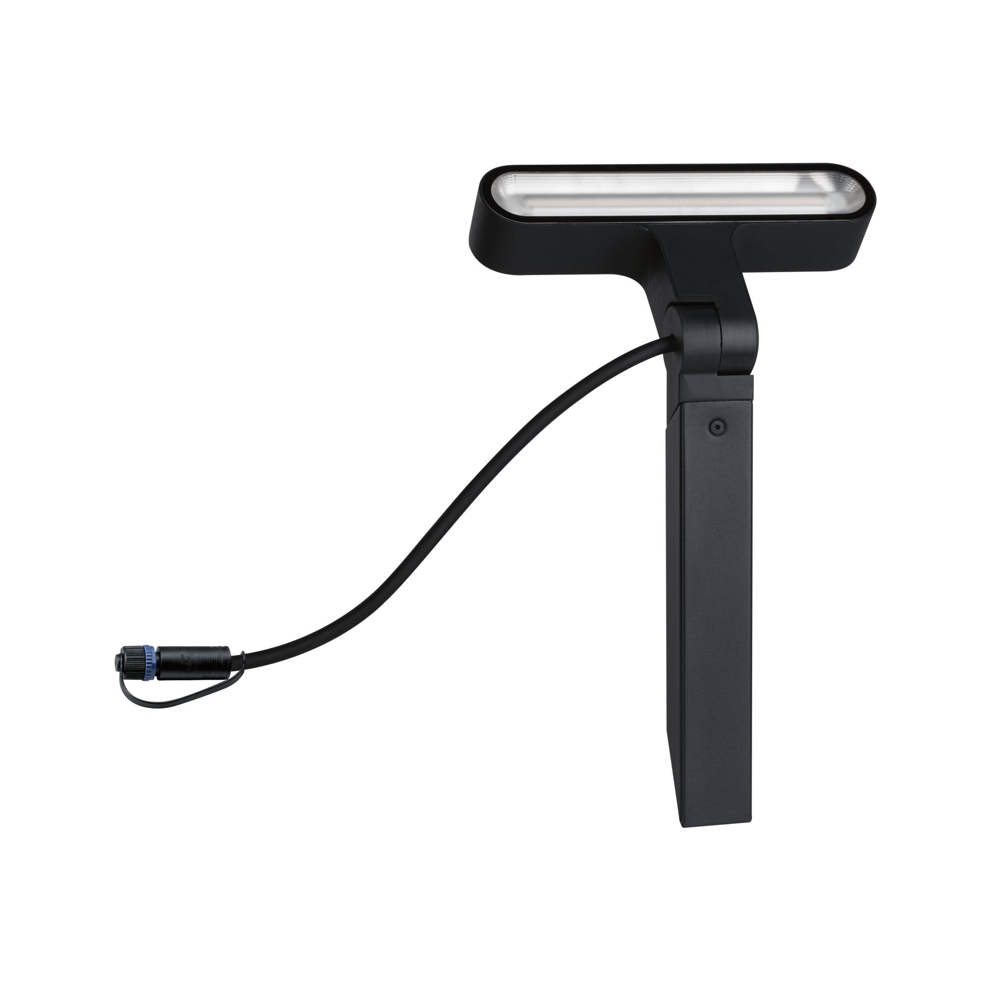 Eine moderne schwarze LED-Leuchte mit verstellbarem Kopf, Stiel und einem angeschlossenen Kabel mit Stecker.
