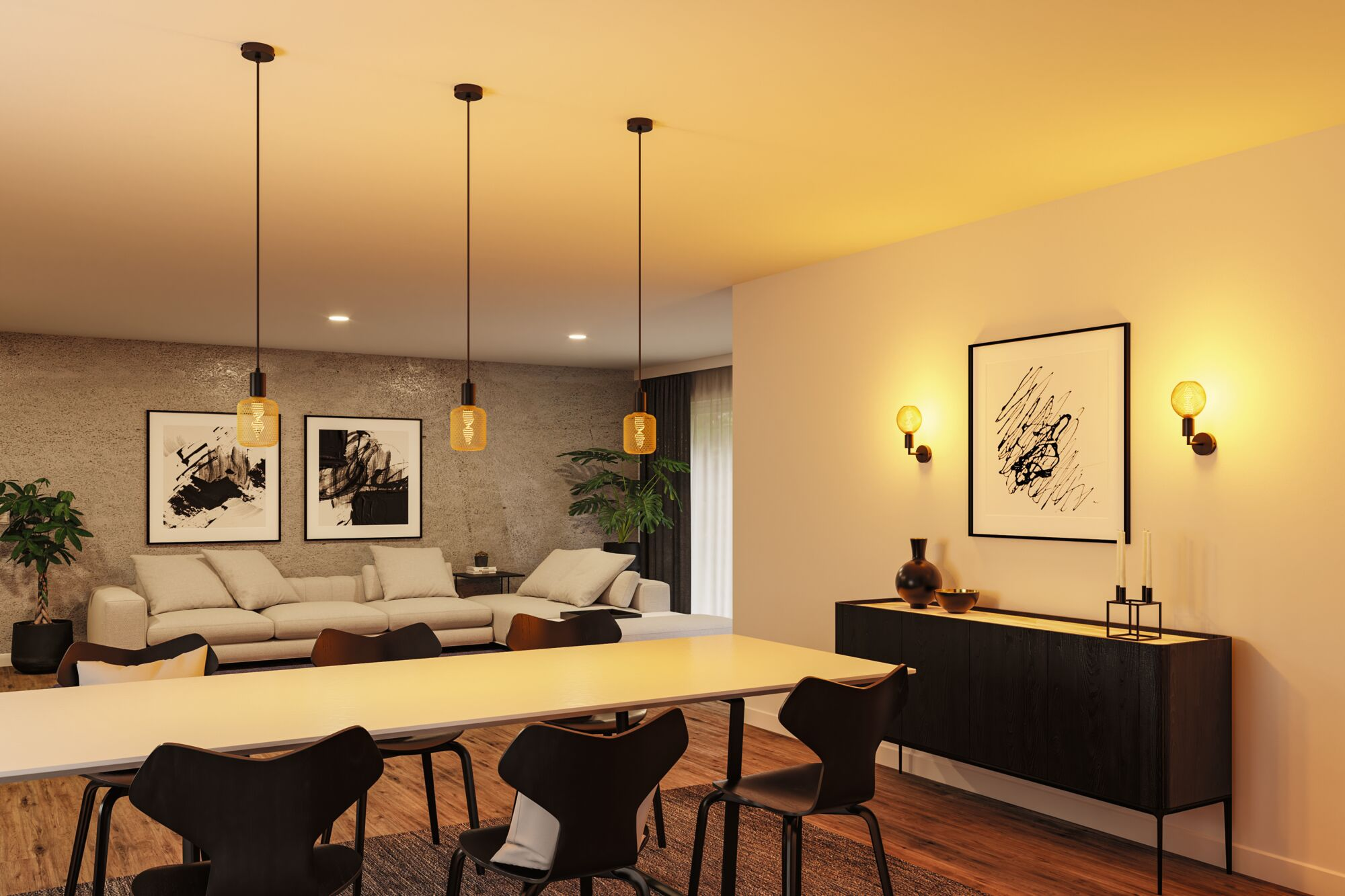 Warm beleuchtetes modernes Esszimmer mit langem Tisch, schwarzen Stühlen und Sideboard an weißer Wand mit Kunst.
