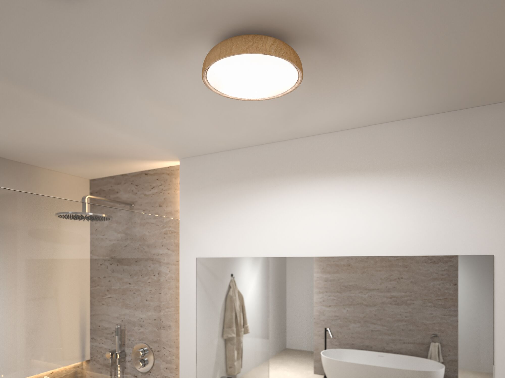 Runde Holzluchte an der Decke eines modernen Badezimmers mit Dusche und Wanne.