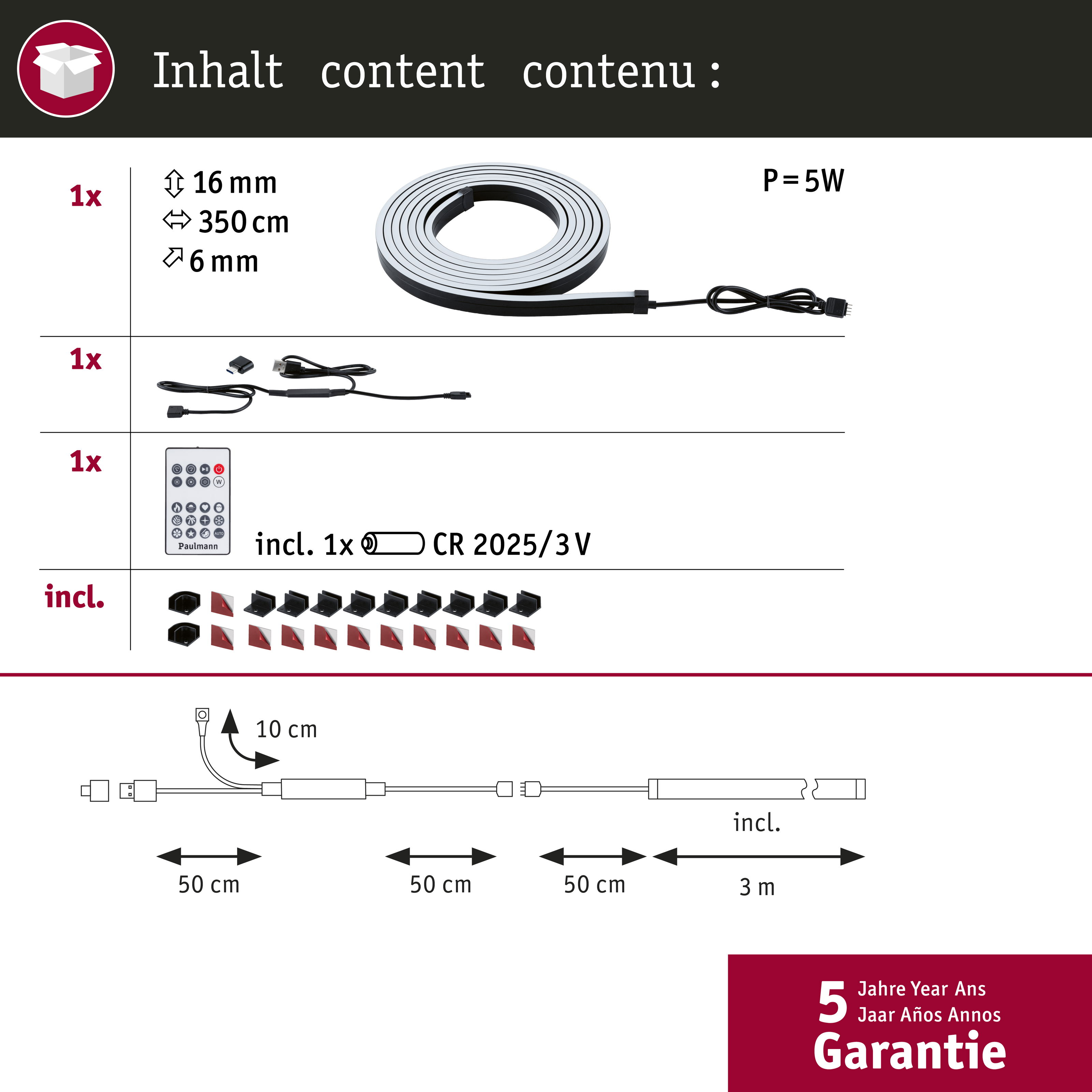 LED-Streifen Packungsinhalt mit Maßen, Fernbedienung, Kabeln, Clips und 5 Jahren Garantie.