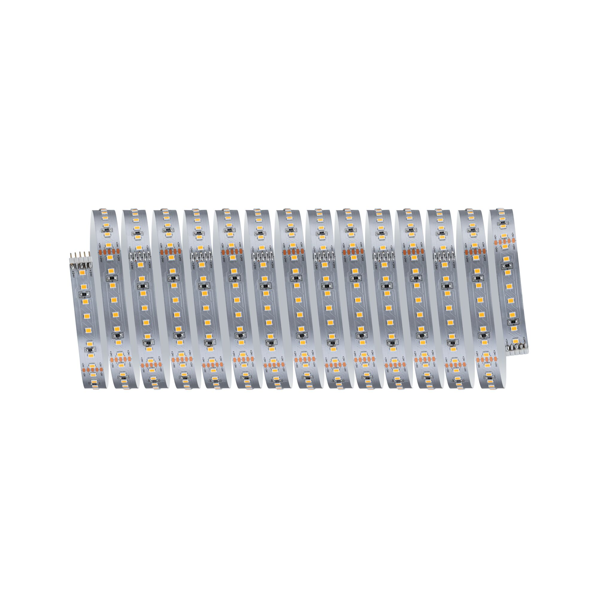 Lange weiße LED-Lichtleiste mit SMD-Chips und Anschlüssen auf weißem Hintergrund.