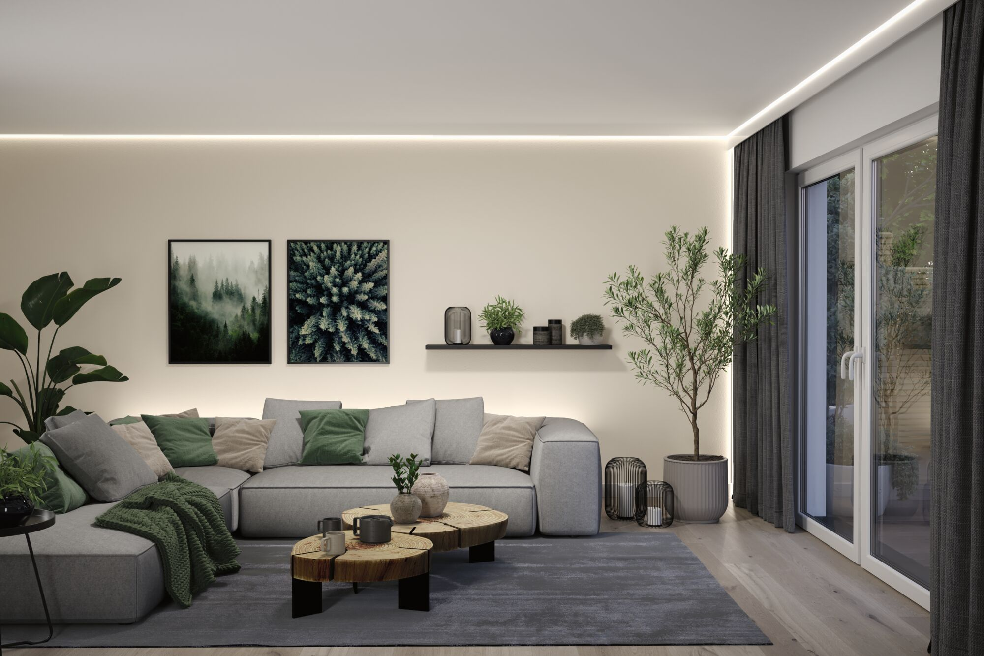 Moderne, helle Wohnzimmereinrichtung mit grauem Ecksofa, Holztischen, Pflanzen und Wandkunst.
