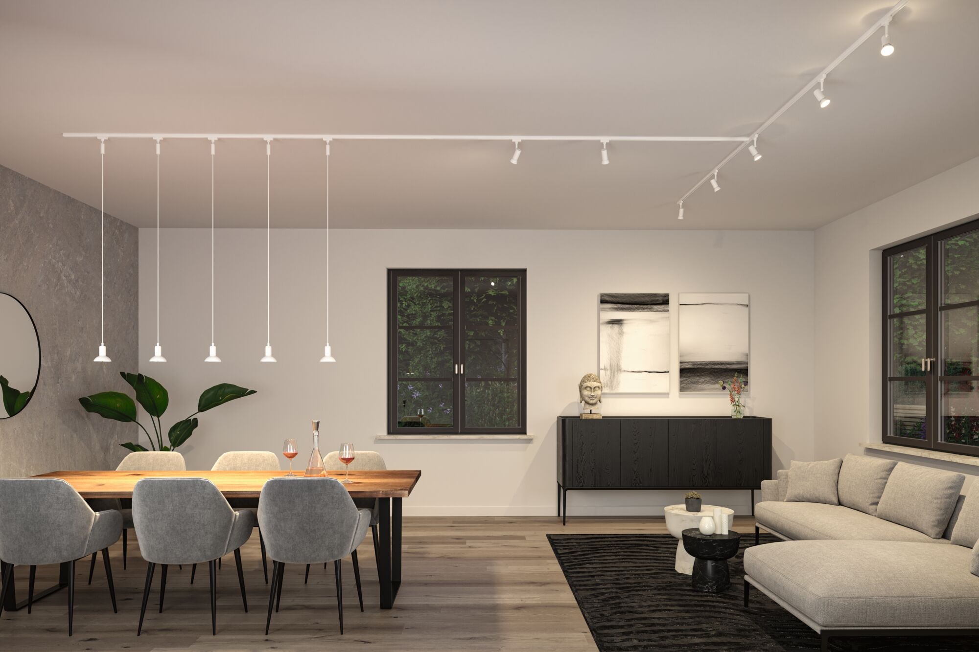 Modernes Esszimmer mit Holztisch, grauen Stühlen, Pendelleuchten und einem schwarzen Sideboard neben einem Sofa.