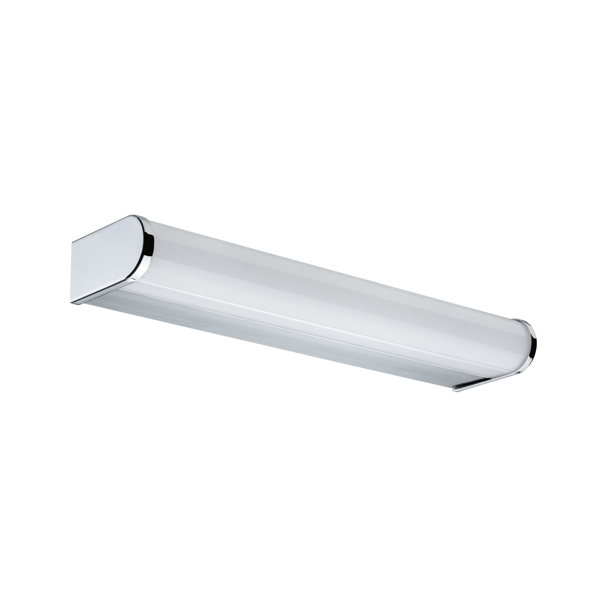Moderne längliche Wandleuchte mit verchromten Endkappen und weißem Diffusor auf weißem Hintergrund.