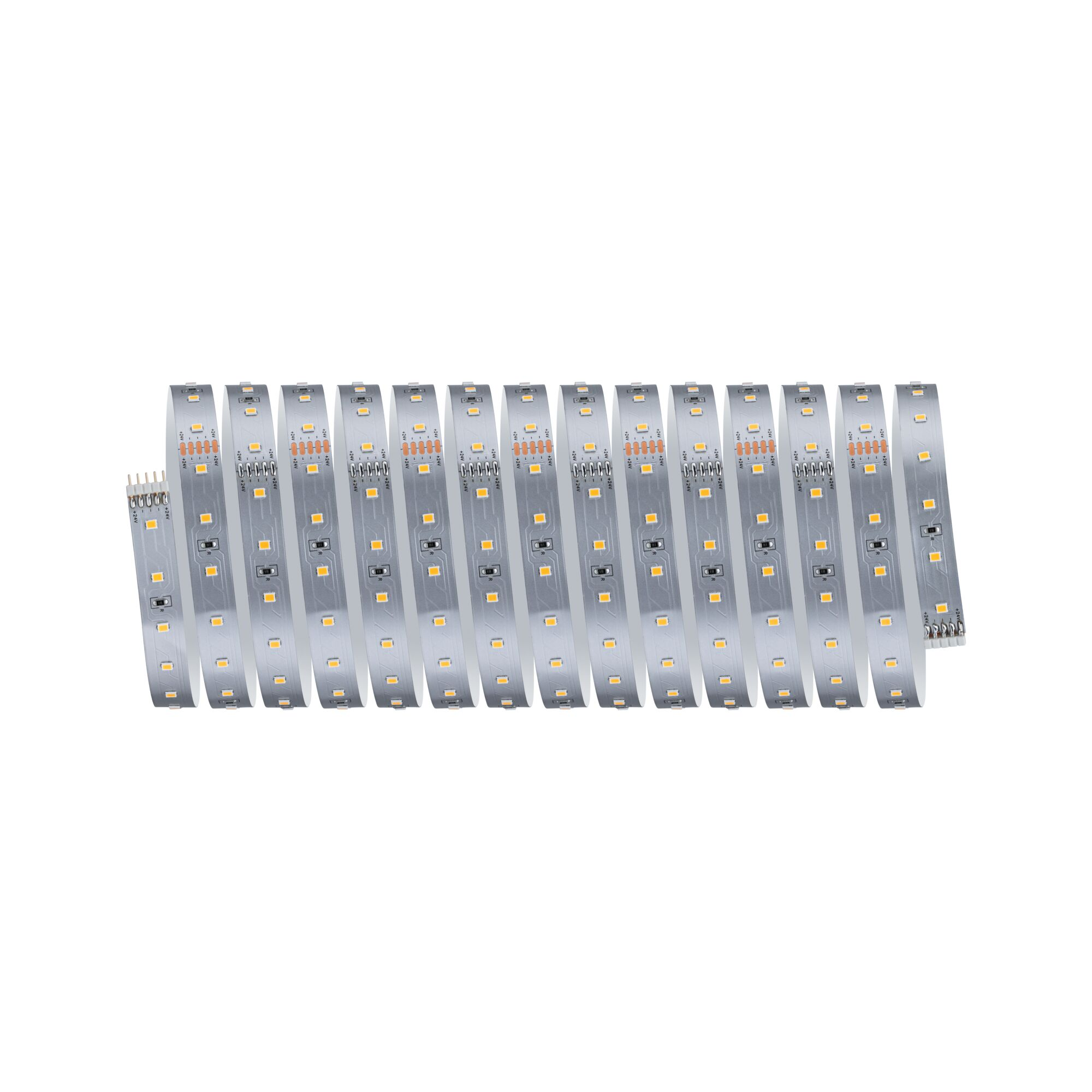 Ein LED-Streifen liegt ordentlich zusammengerollt auf weißem Hintergrund.