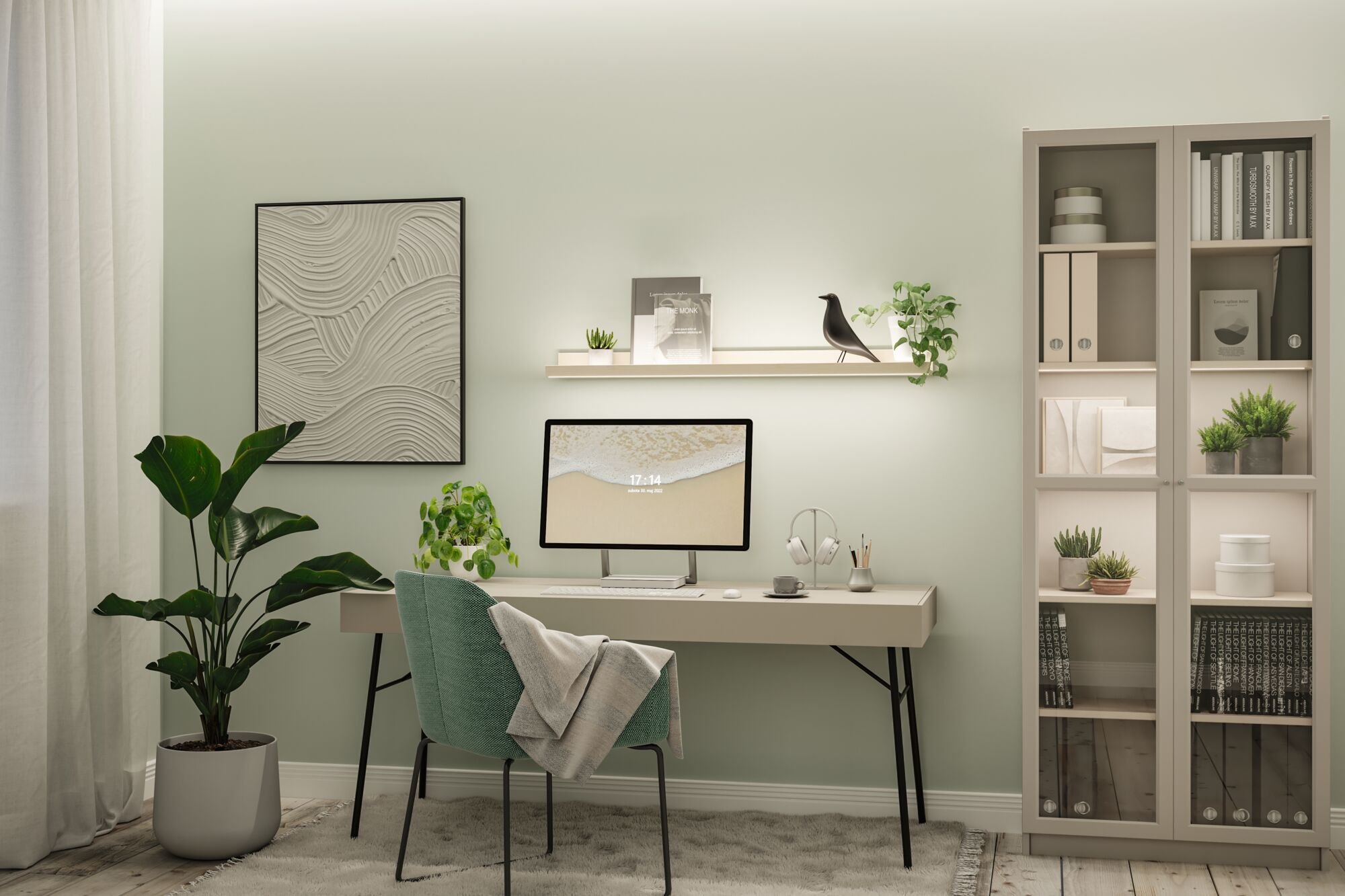Ein modernes Homeoffice mit Schreibtisch, Computer, grünem Stuhl, beleuchtetem Wandregal, Pflanzen und Vitrine.