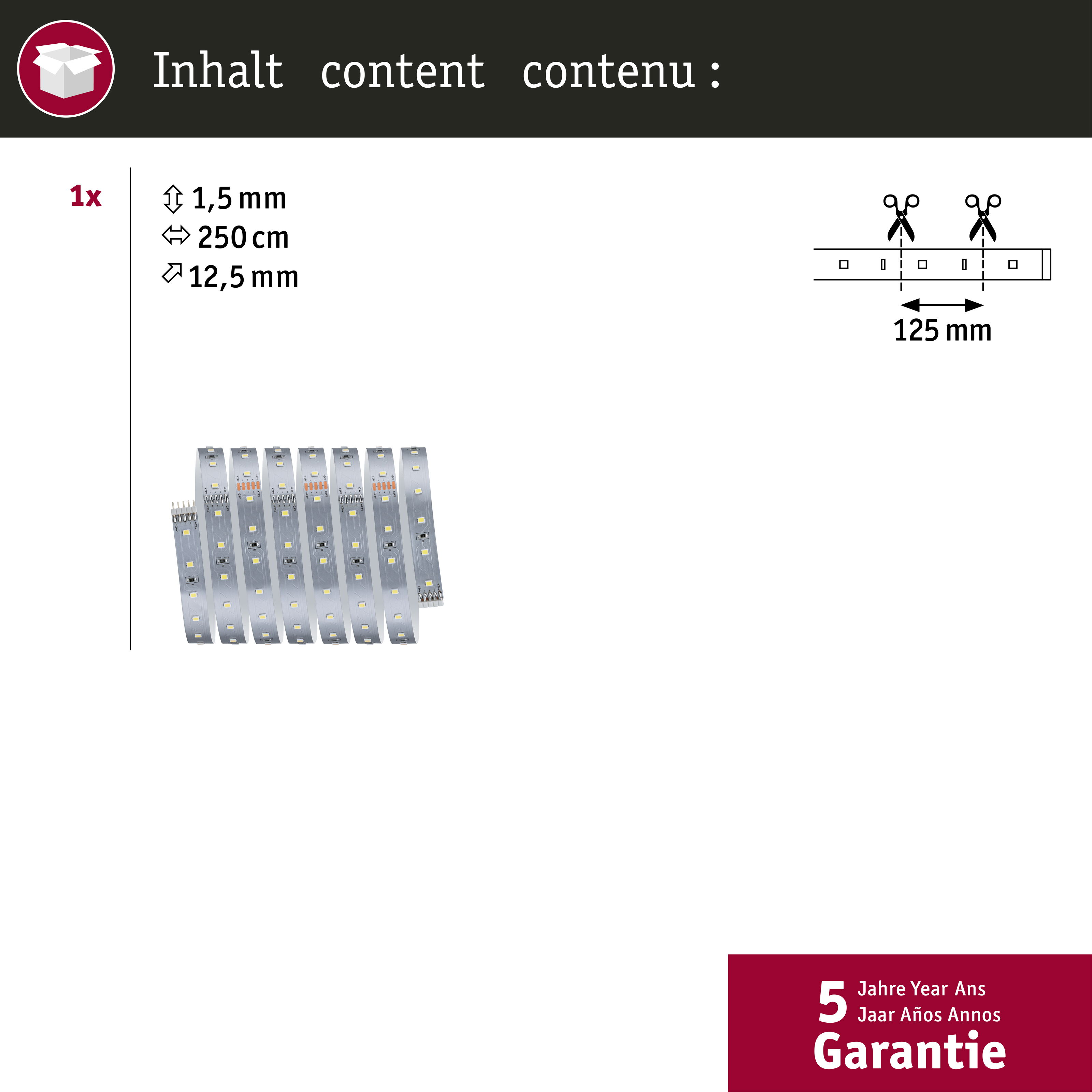 Technische Zeichnung und LED-Streifen mit Maßangaben und 5 Jahren Garantie.