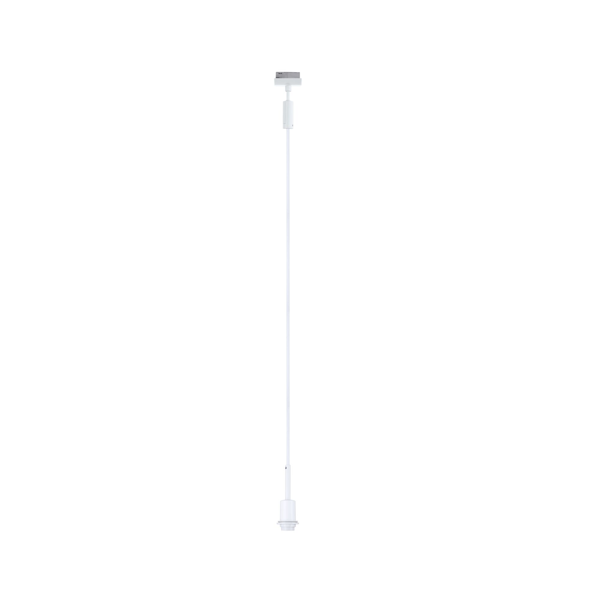 Eine weiße Pendelleuchte mit langem Kabel und Fassung auf weißem Hintergrund.
