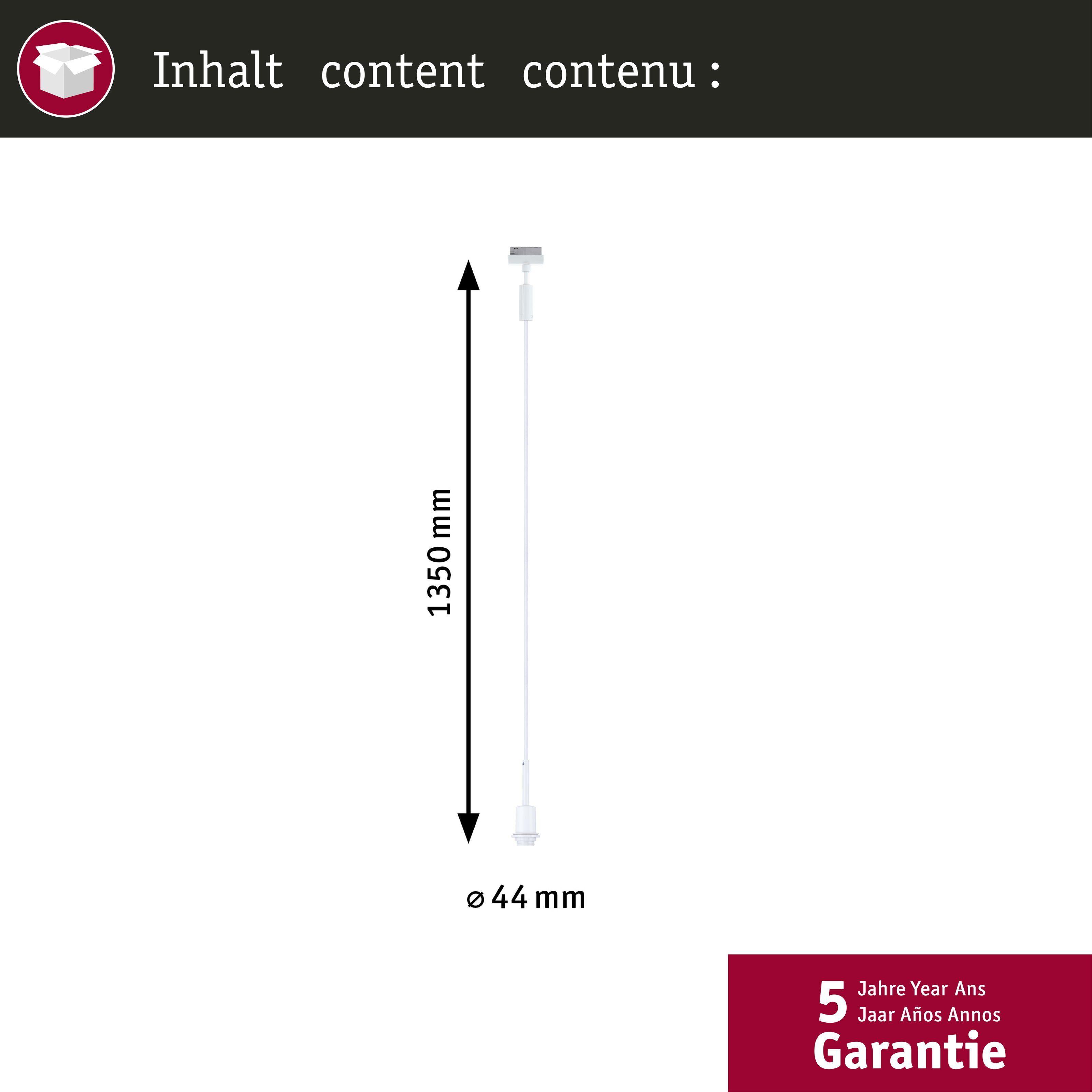 Technische Zeichnung einer 1350 mm langen, weißen Hängeleuchte mit 44 mm Durchmesser und 5 Jahren Garantie.