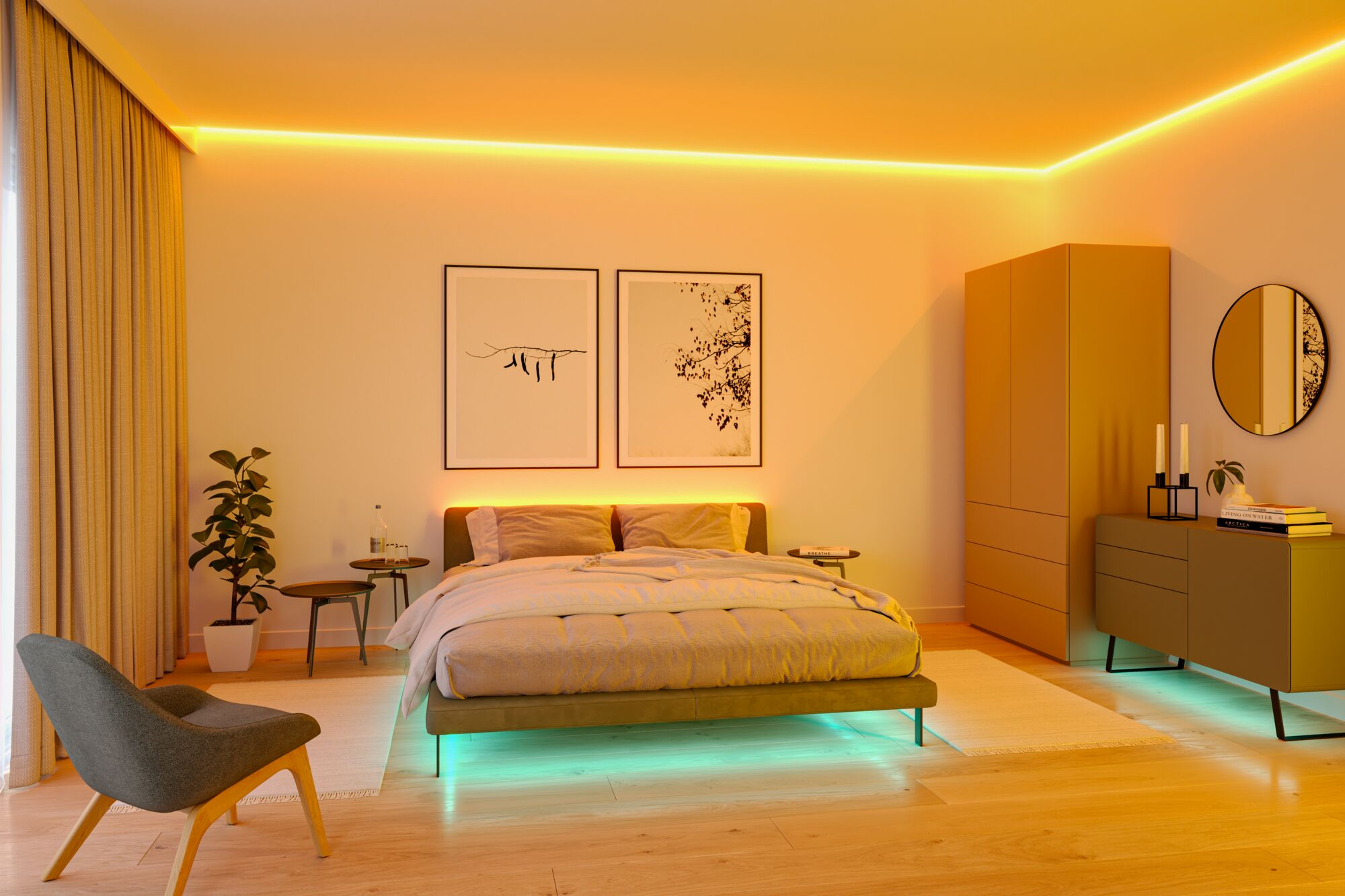 Gemütliches Schlafzimmer mit warmem LED-Licht, großem Bett, zwei Bildern, Schrank, Kommode, Pflanze und grauem Sessel.