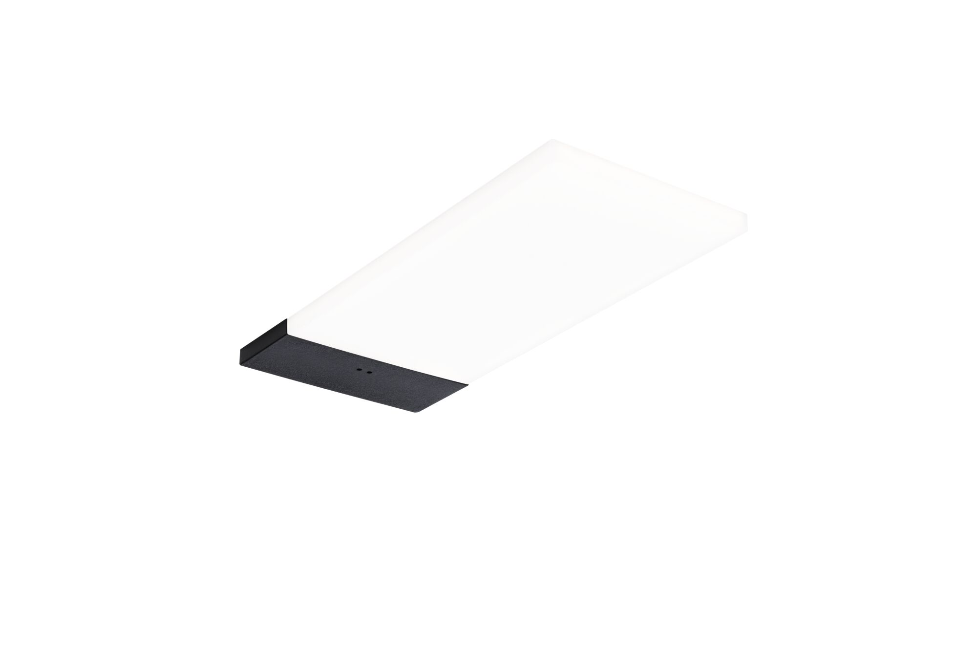 Eine rechteckige Deckenleuchte mit einem schwarzen Sockel und einem weißen Diffusor.