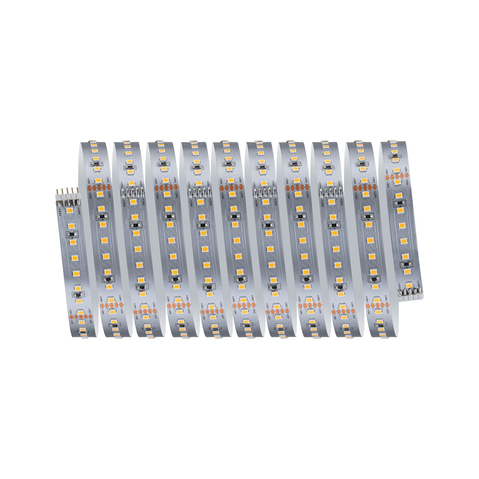 Eine lange weiße LED-Streifenrolle mit sichtbaren kleinen gelben Leuchtdioden und elektronischen Bauteilen.